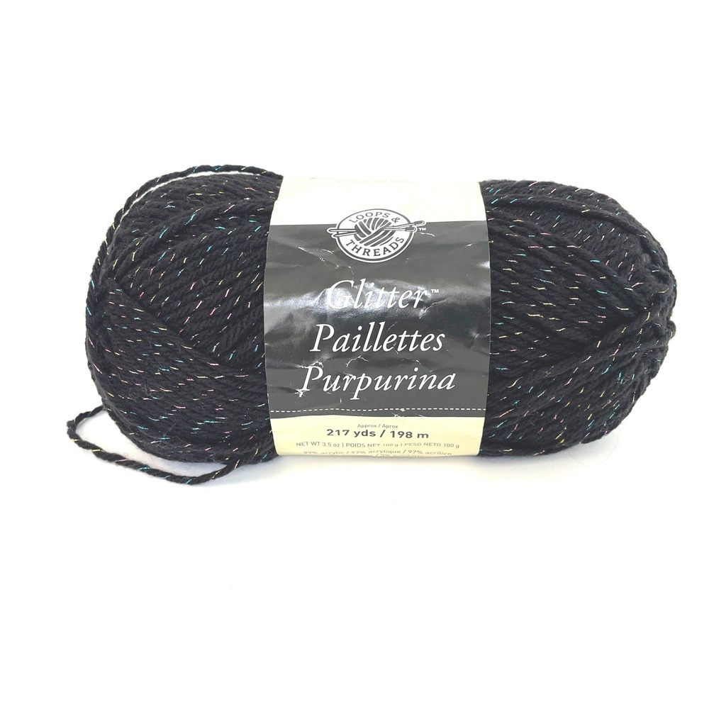Loops & Threads Glitter Yarn Mirror Black Multi Color Sparkle 217 Yds 3.5oz